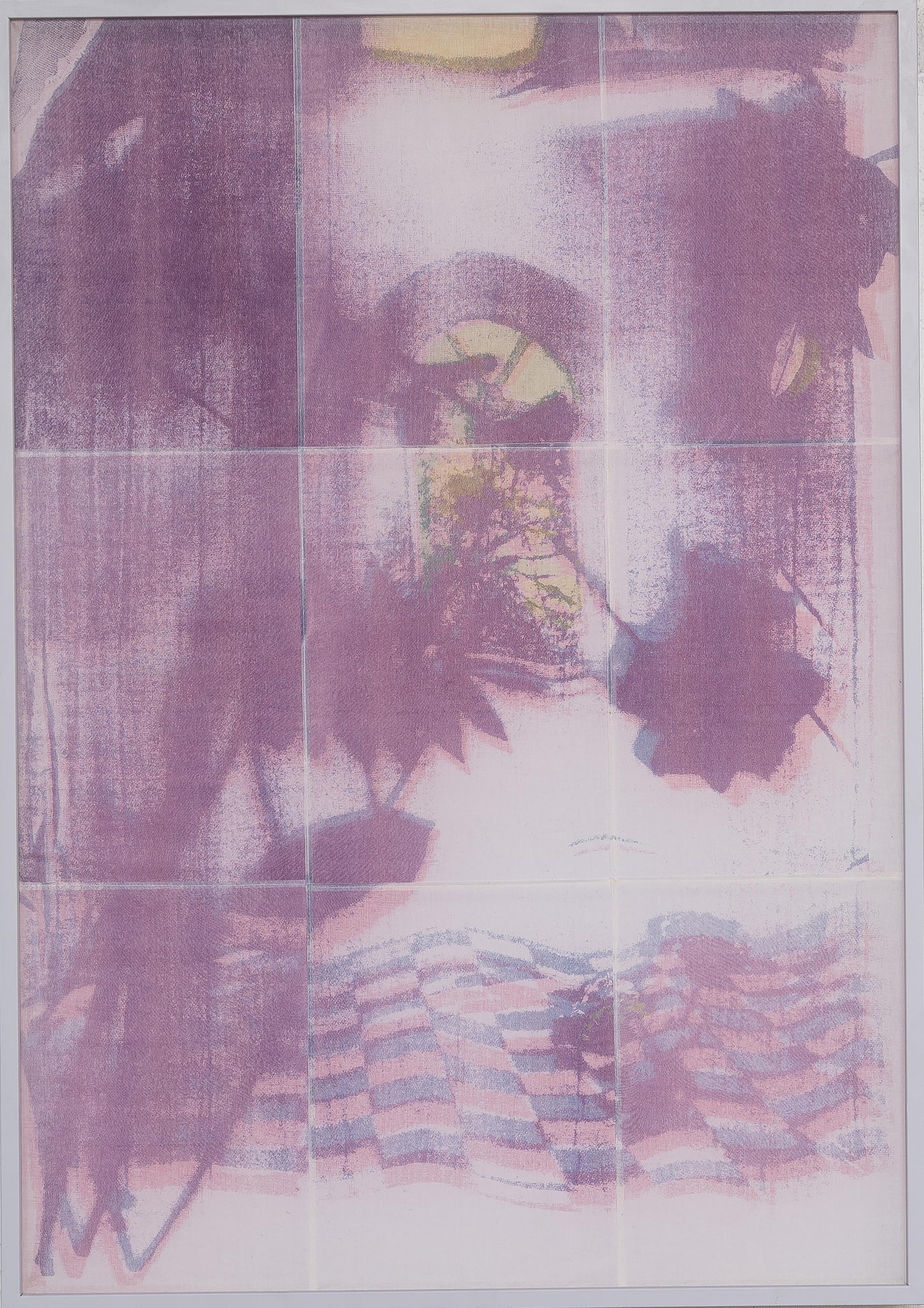 A Soft Dwelling Place <br><small> Risography on organic handwoven cotton, framed in a wooden box, woodfree eos paper, lacquer. 86,5 x 123 x 8 cm, €1900 inc. frame</small>