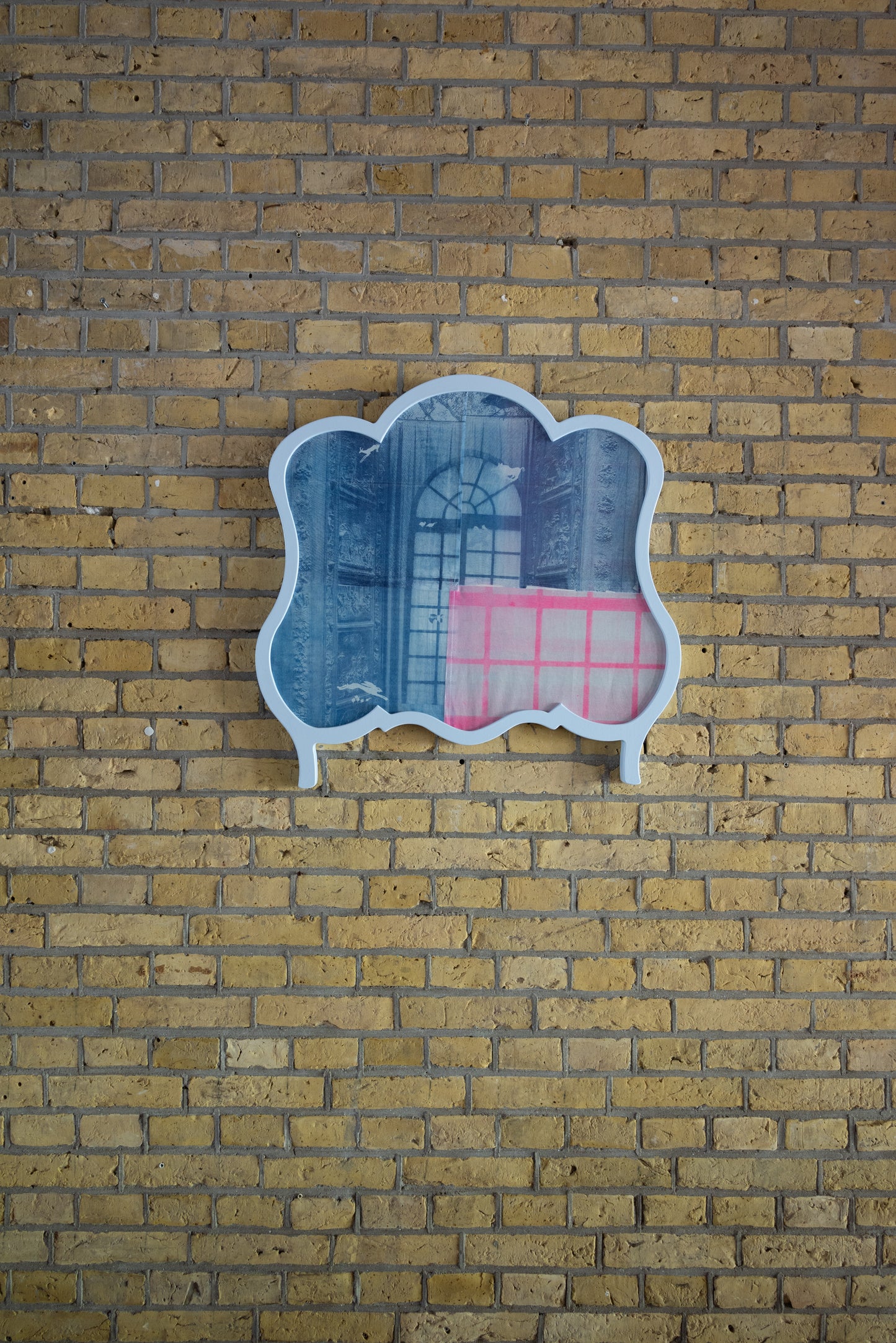 Don't Strip a City of its Weirdness <br><small> Risograph, organic handwoven cotton, thread, wood and lacquer. 65x57 cm, €950 inc. frame</small>