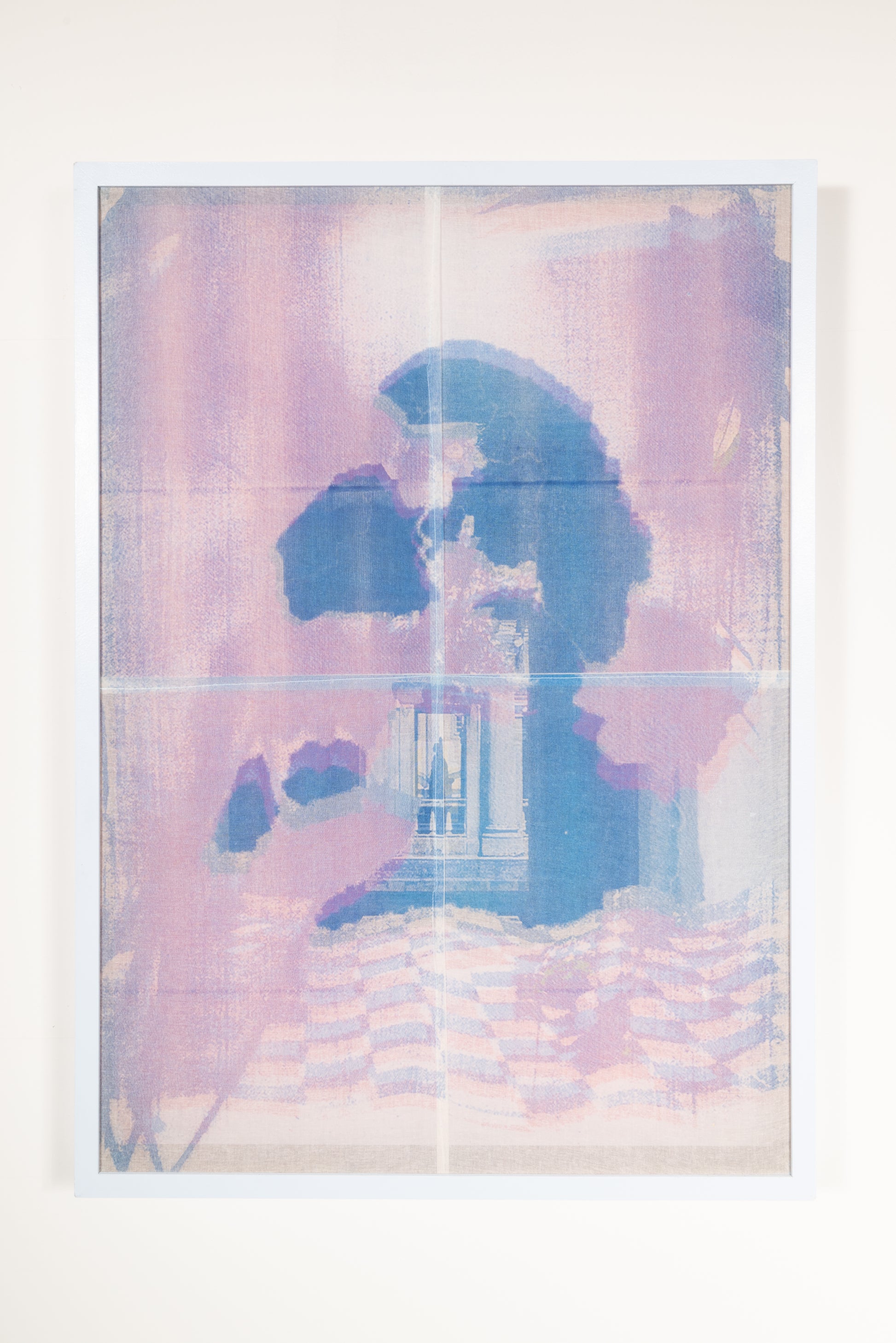 SOLD - Forgotten Passages <br><small> Risography on organic handwoven cotton, framed in a wooden box, woodfree eos paper, lacquer. 58,5 x 81,5 x 7,5 cm, €1500 inc. frame</small>