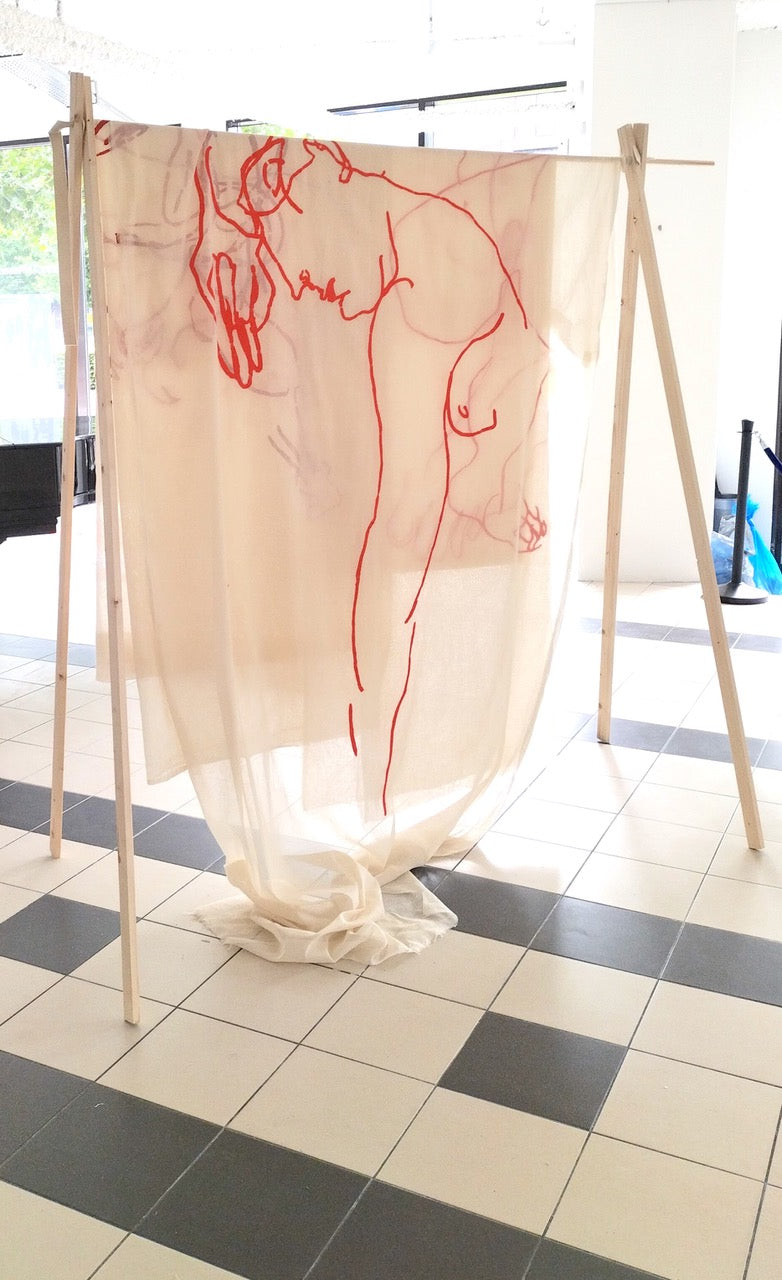 SOLD - Wegkijker <br><small> Acrylic on cheesecloth, 75 x 200 cm, €550</small>