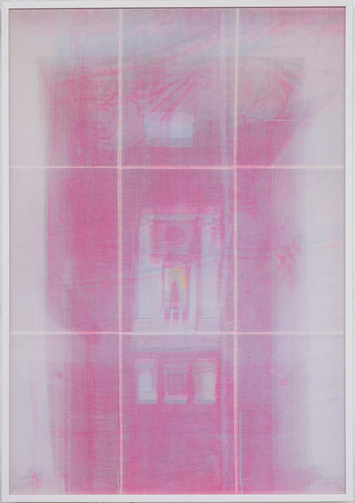 Metoro <br><small> Risography on organic handwoven cotton, framed in a wooden box, woodfree eos paper, lacquer.
86,5 x 123 x 8 cm, €1900 inc. frame</small>