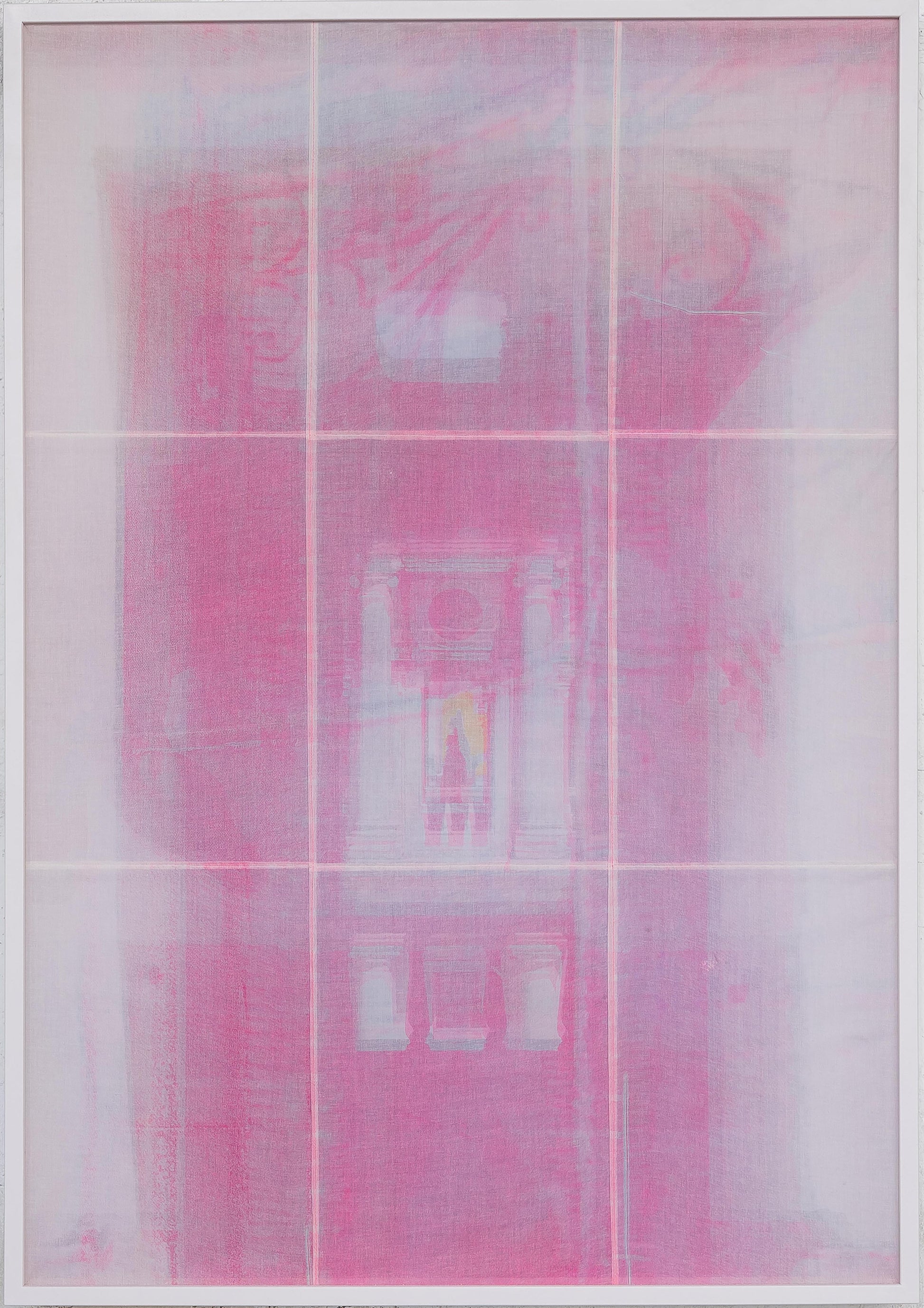 Metoro <br><small> Risography on organic handwoven cotton, framed in a wooden box, woodfree eos paper, lacquer.
86,5 x 123 x 8 cm, €1900 inc. frame</small>