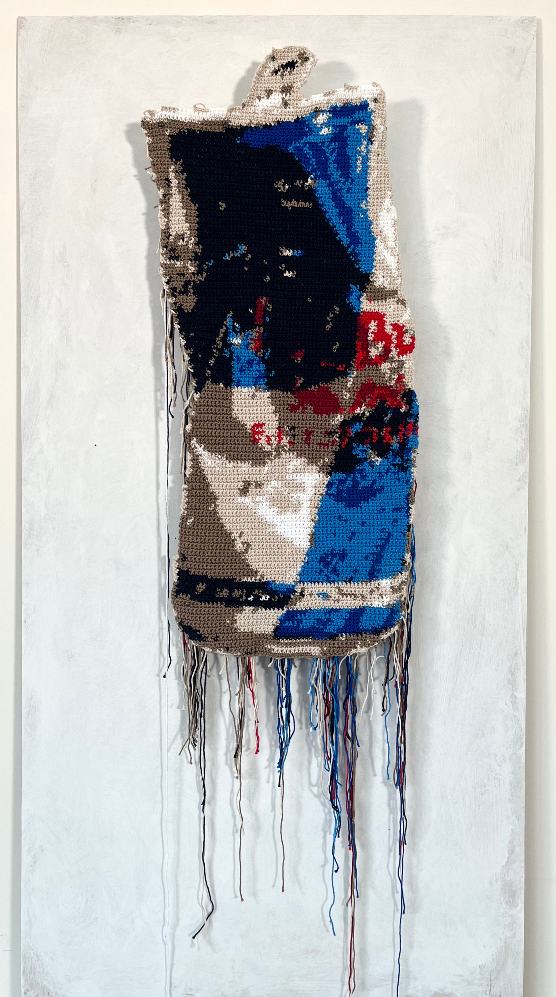 SOLD - Dinged Up Red Bull  <br><small> Crochet, 30 x 70 cm, €1200</small>