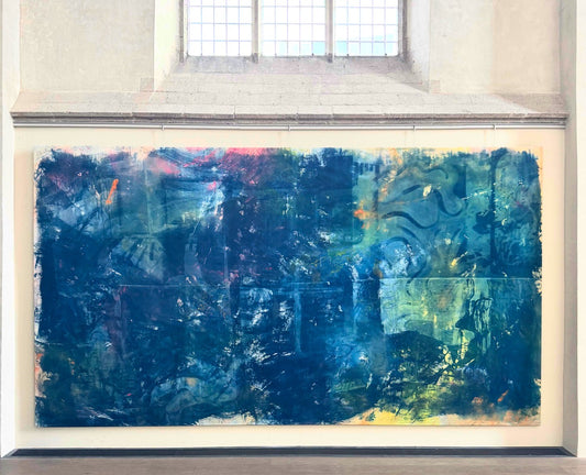 Past Lives Revisited, 2024
450 x 249 cm
Cyanotype, acrylverf, olieverf en inkt op katoen