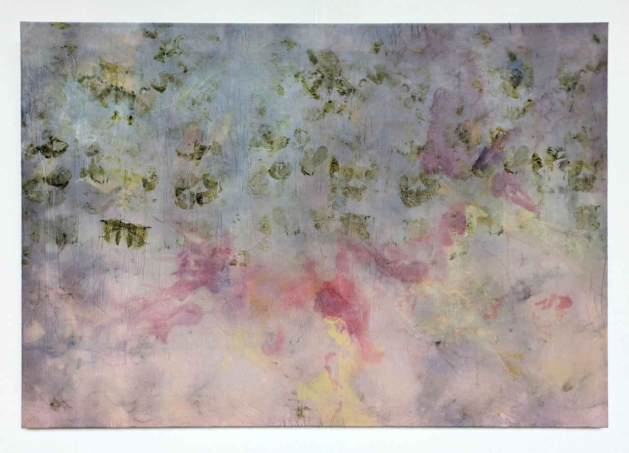 Untitled (after Monet’s Waterlilies) <br><small> Ecoprint, textile dye, gouache, soft pastel on silk, 85 x 135 cm, €1900</small>