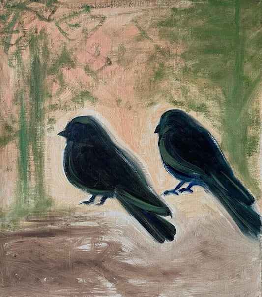 Huggin and Minnin, 2023 <br><small> oil on linen, 49 x 42 cm, €950 </small>