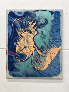 Untitled (Deep Blue Flipping), 2025 <br><small> cyanotype, acryl, olieverf, lak, 80 x 65 cm, €1595</small>