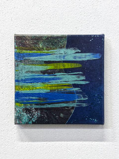 Untitled (mindflay), 2025 <br><small> gel medium transfer, acryl, lak, 20 x 20 cm, €440</small>