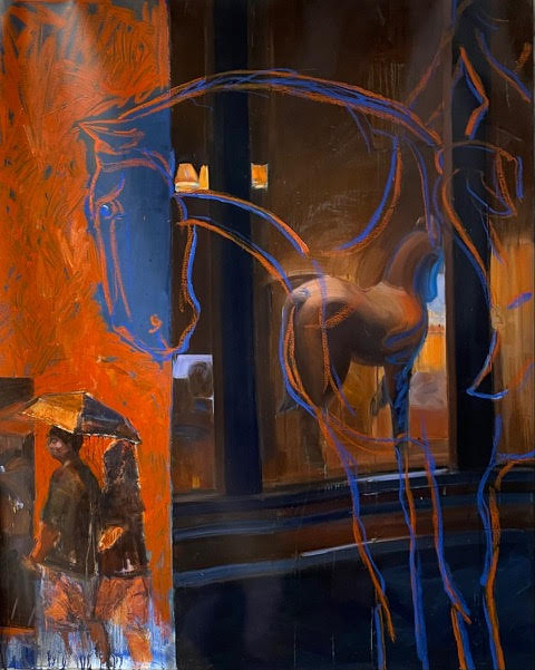 Sancai -  Polo playing, 2025 <br><small> oil and oil pastel on canvas, 120 x 150 cm, €4350</small>