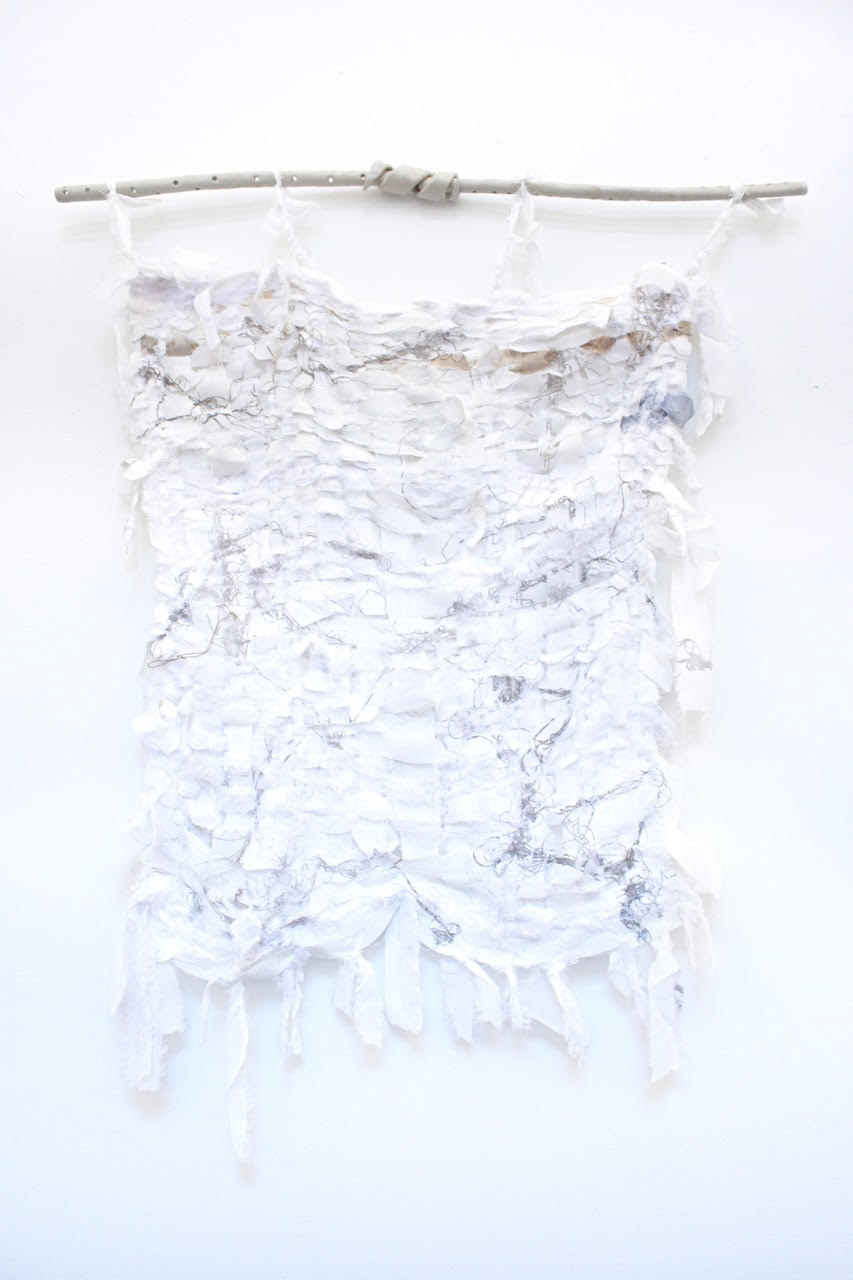 Interlacing Traces: Entangled Forms, 2025 <br><small> re-used textiles, imprint extracted from discarded garments, ceramic elements, 70 x 50 cm, €1200 </small>