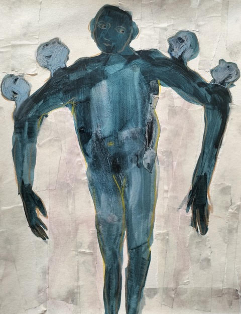 Where is your head? 2025<br><small> Acrylic paint, Indian ink and tape on paper, 25 x 32 cm, €600 including frame</small>