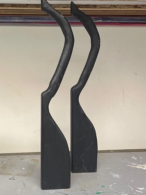 The ashes in the electric fireplace are still warm no. 9 <br><small>wood and tar, 69 x 11 x 2,5 cm, €375 each</small>