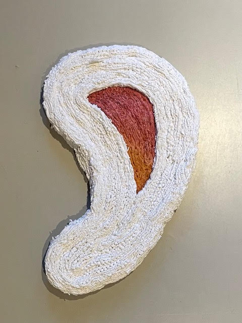 Threaded Keep, 2025<br><small>Lace/semedaki fabrics, beads, dyes and thread, 55 x 36 cm, €1750</small>