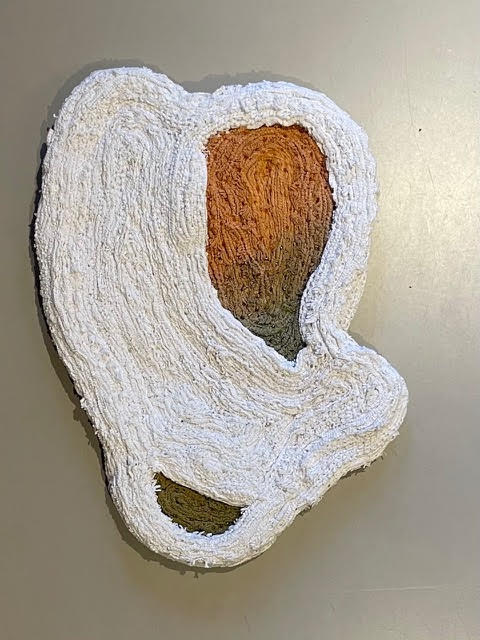 Silent Cocoon, 2025<br><small>Lace/semedaki, fabric, pigments and beads, 52 x 36 cm, €1950</small>